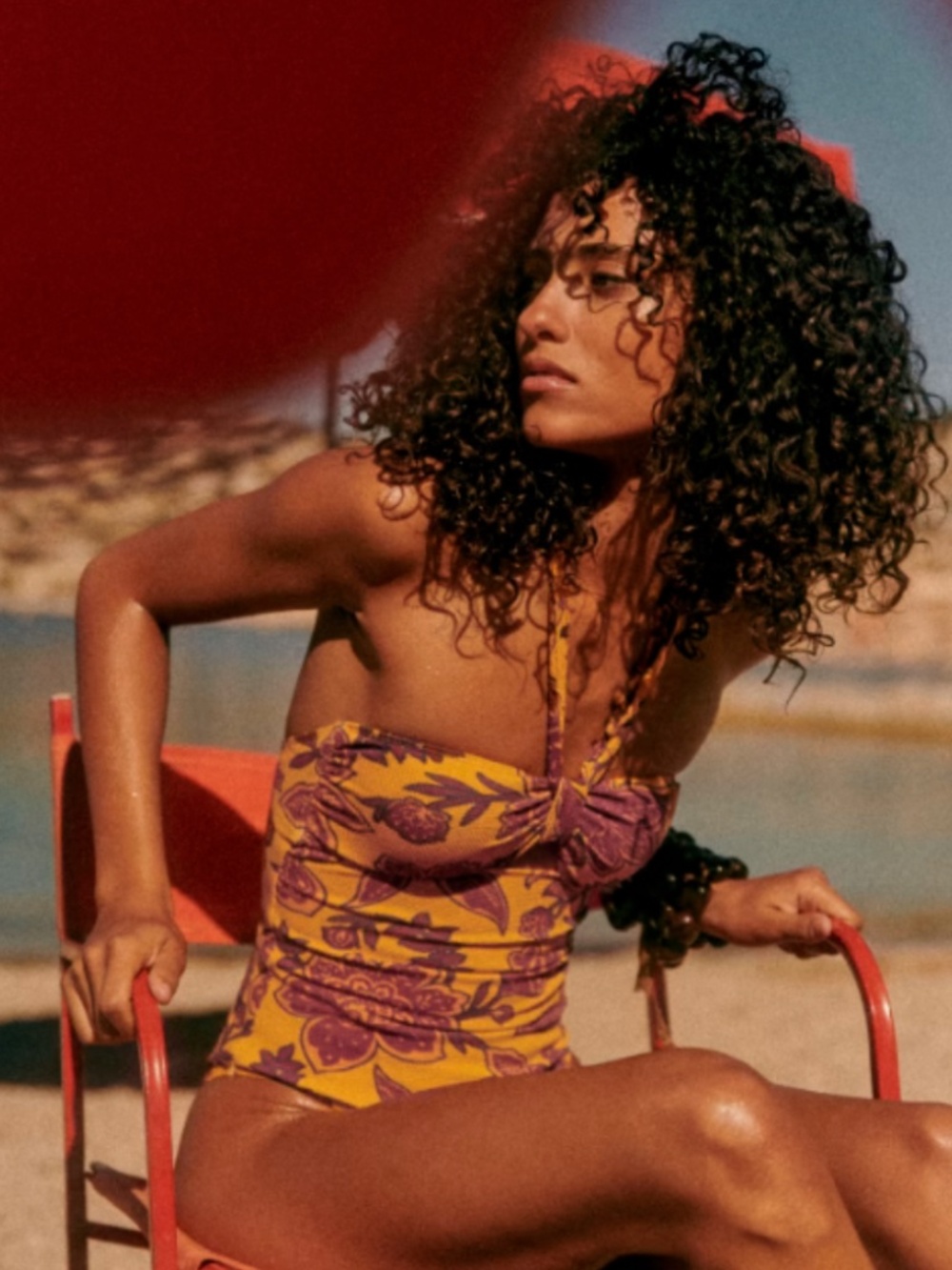 NWT Sezane x Yse One-Piece Swimsuit Flowers on Ochre Textured Halter Strapless 2